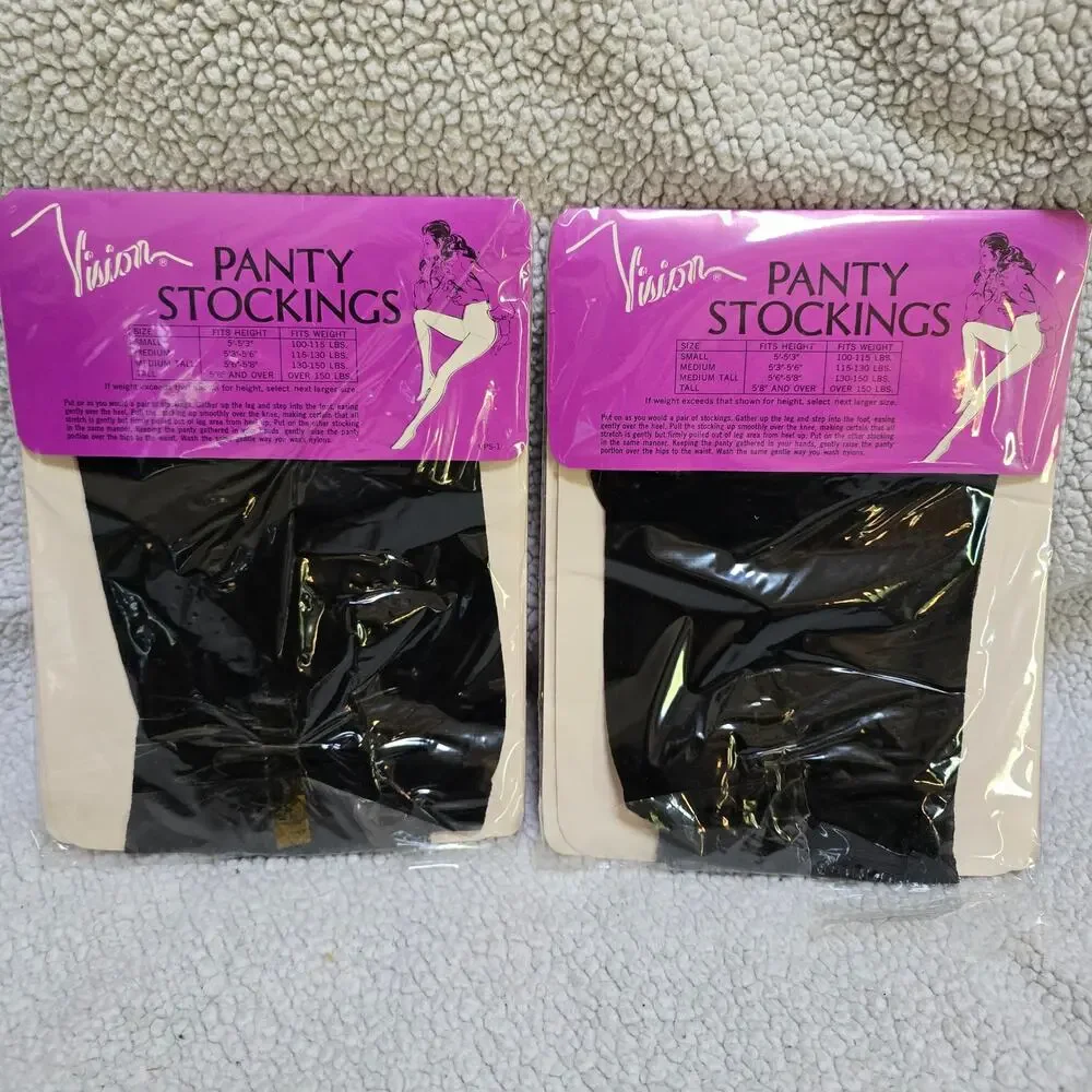 Vintage Vision Sheer Agilon Panty Stockings Jet Black Medium 2 Pack NOS Sealed